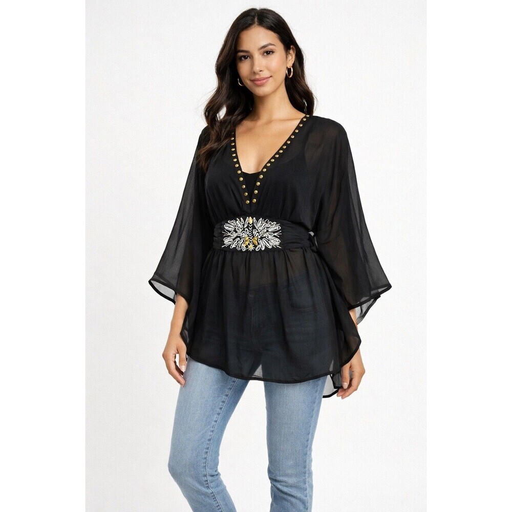 Boho Sheer Kimono Top Beaded Festival Chiffon Tie Waist Black M